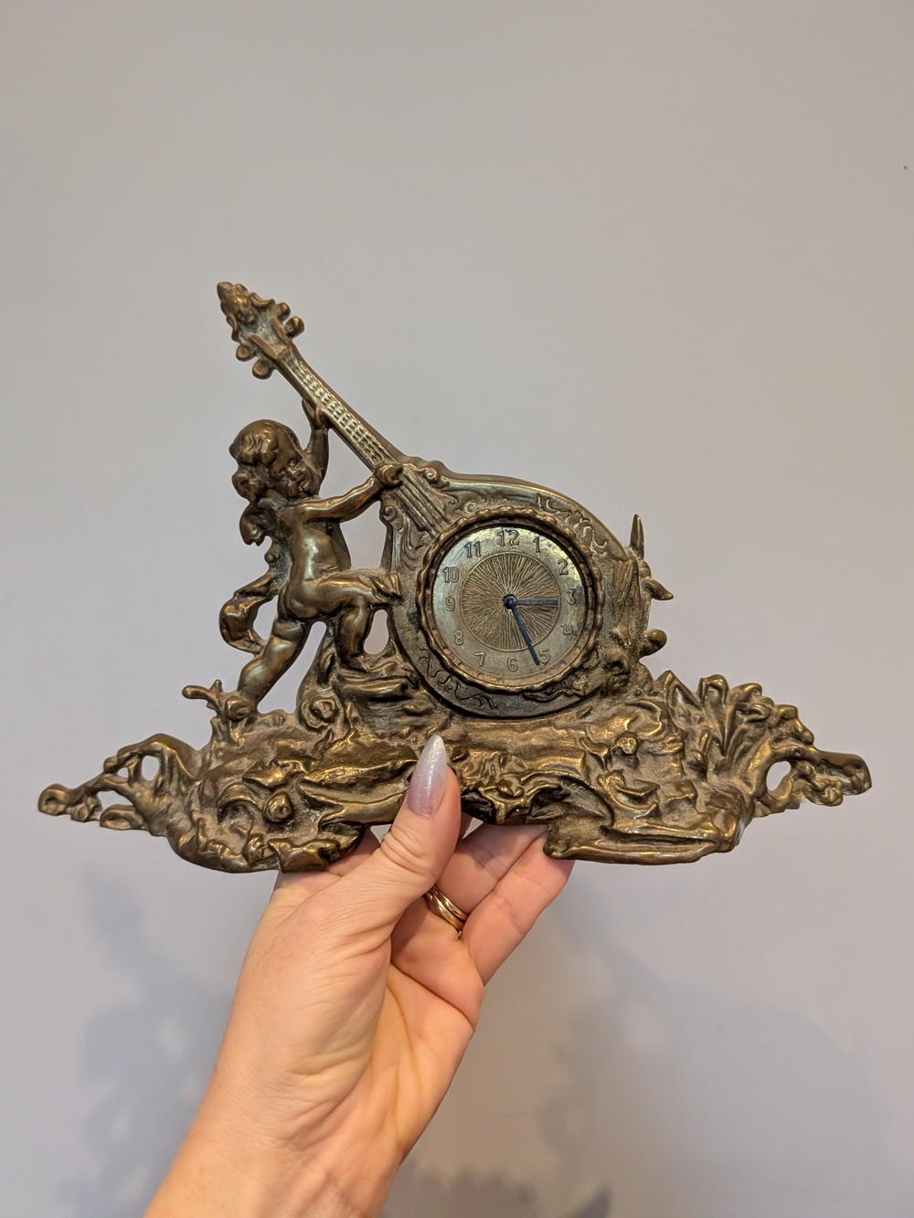Antique Bronze Cherub Clock Sculpture - Gold Finish